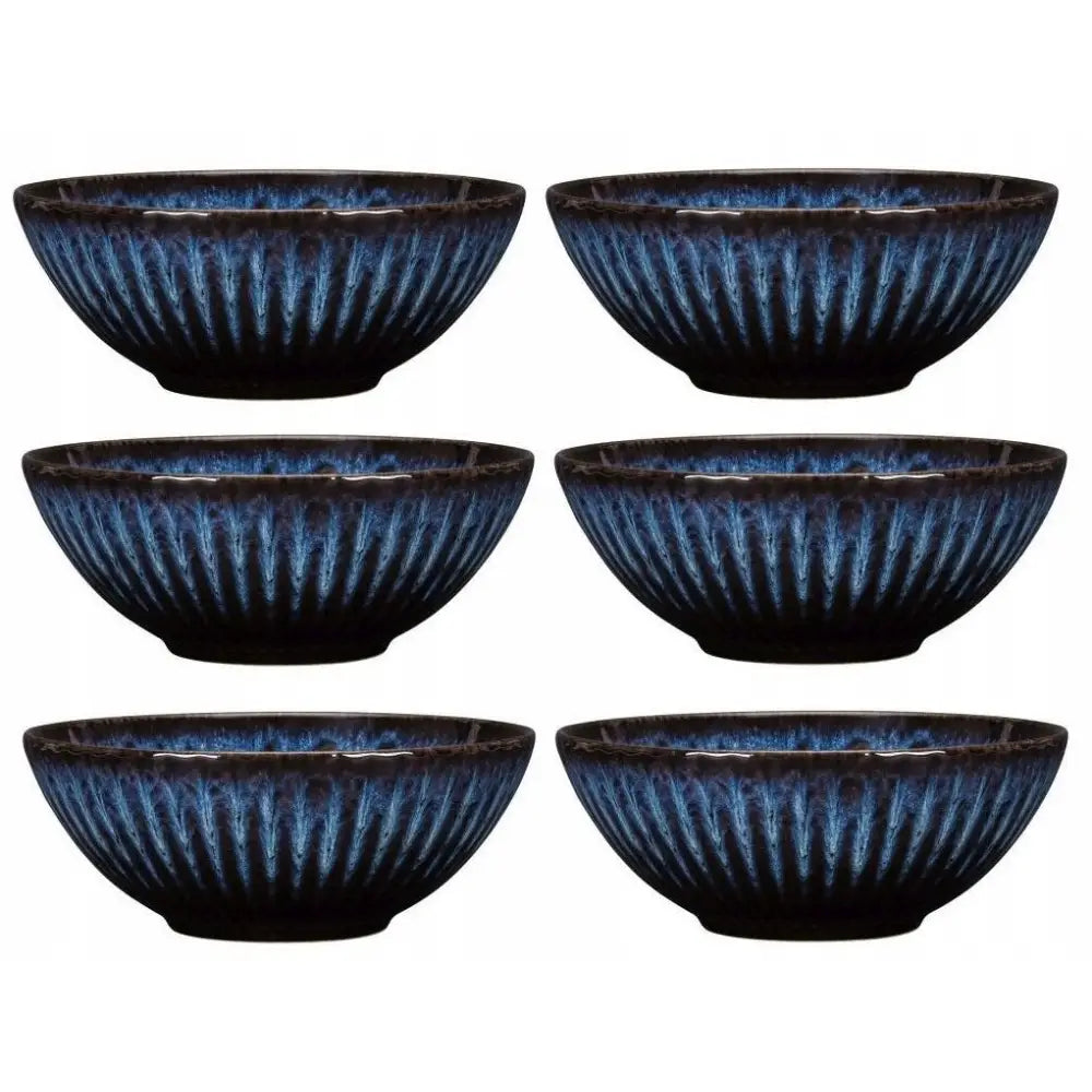 Lubiana Cosmos keramikkskåler, seks blå og svarte riflete skåler med glanset mønster, sidevisning.