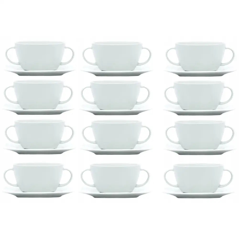 Lubiana Victoria buljongkopper med underfat, tolv hvite kopper i rader, minimalistisk design.