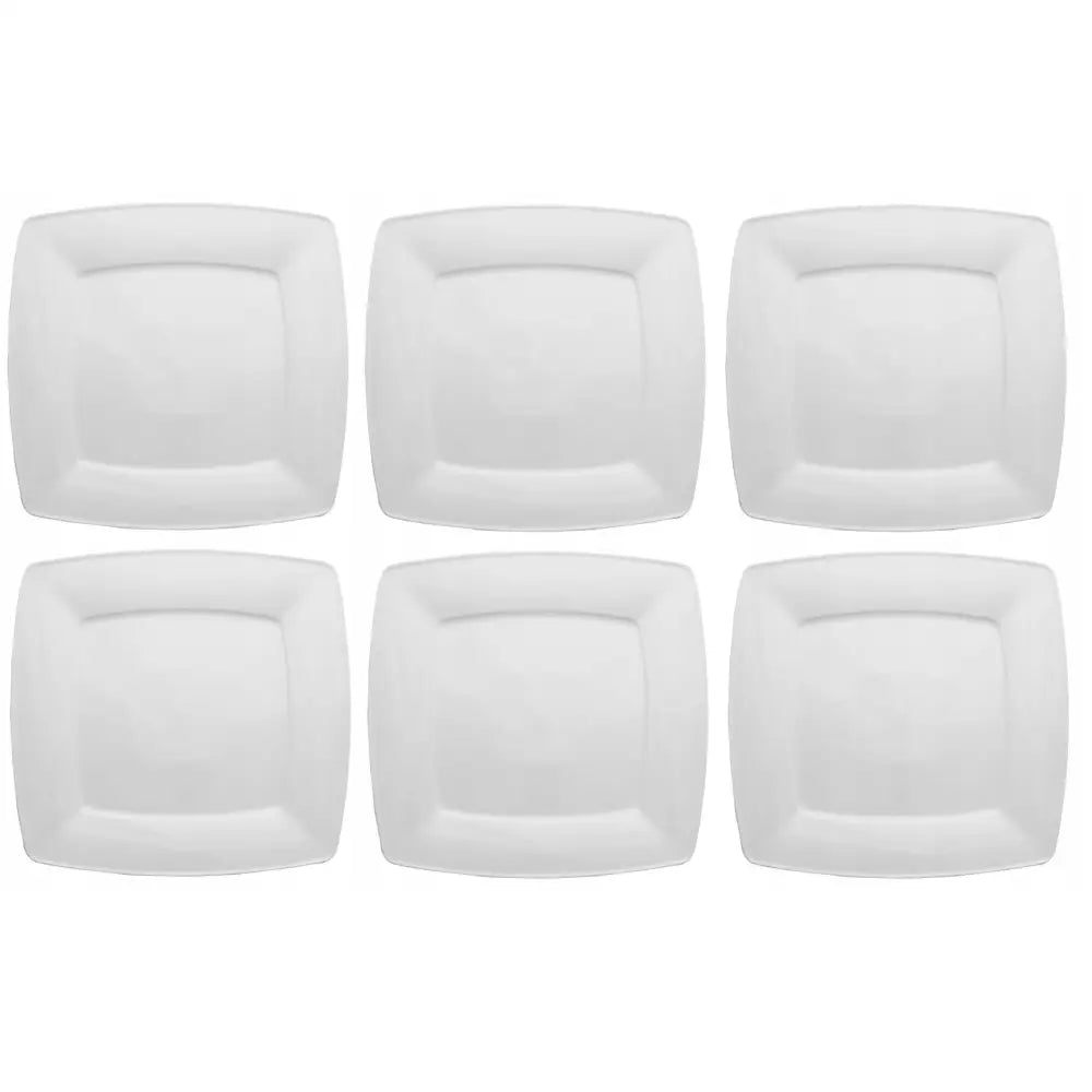 Lubiana Victoria dype desserttallerkener, seks hvite kvadratiske porselensfat med moderne design sett ovenfra.