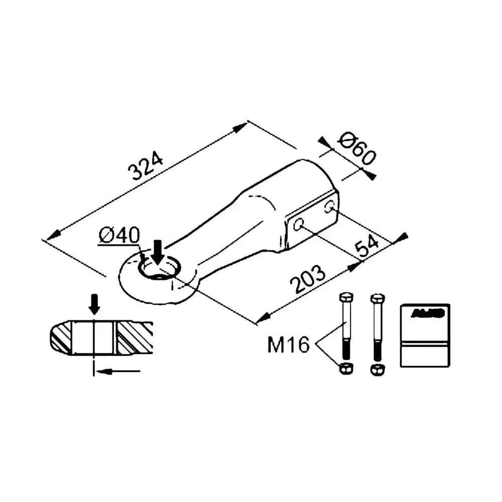 Lug DIN 2.8VB 351VB AL-KO pipe, skrå teknisk tegning med mål, M16 festeskruer og markert tverrsnitt.
