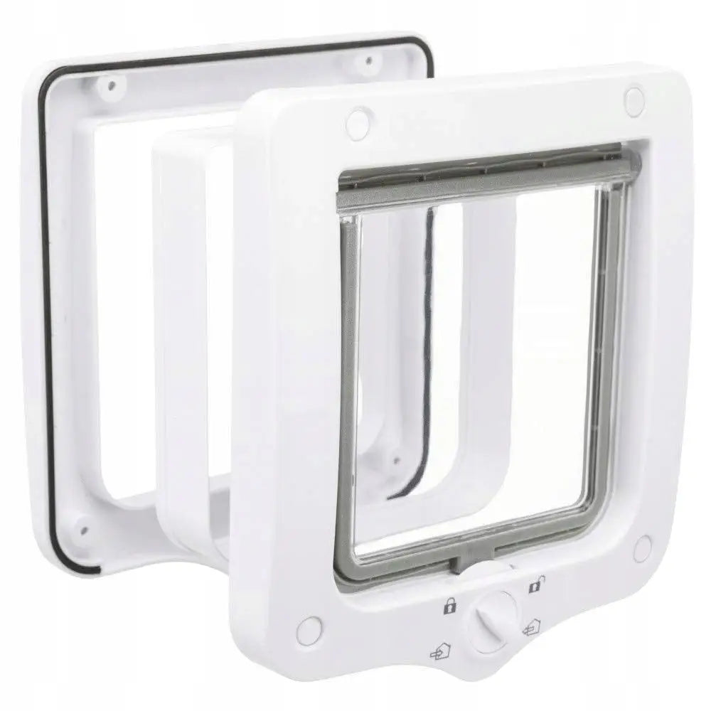 Luke med tunnel for kjæledyr, hvit ramme med gjennomsiktig dør, roterende låsemekanisme og symbolske markeringer nederst.