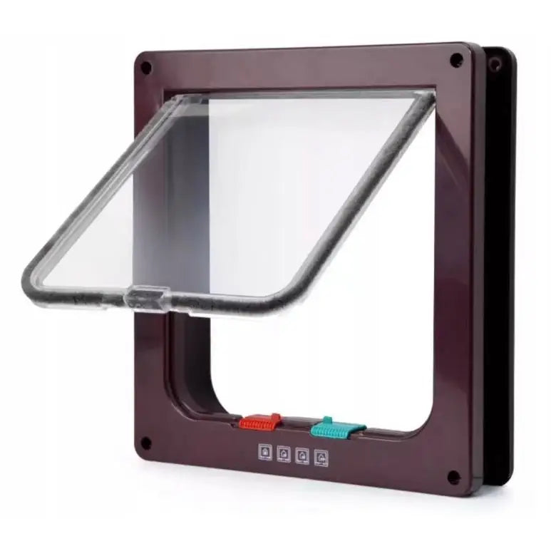 Luken for Hund/Katt 4 Måter brun L med gjennomsiktig svingdør og tydelige røde og grønne skyvebrytere nederst på rammen.