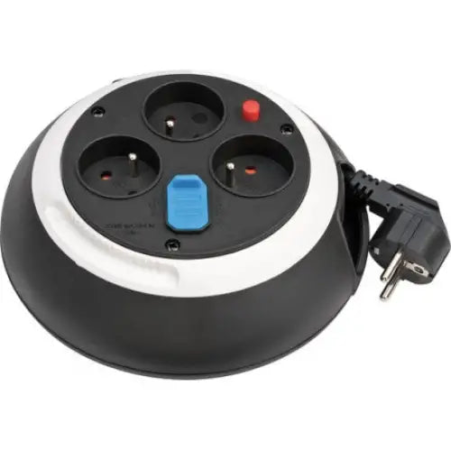 Lukket kabeltrommel Comfort-Line z USB, skråvisning som viser tre stikkontakter, blå bryter og rød indikator.