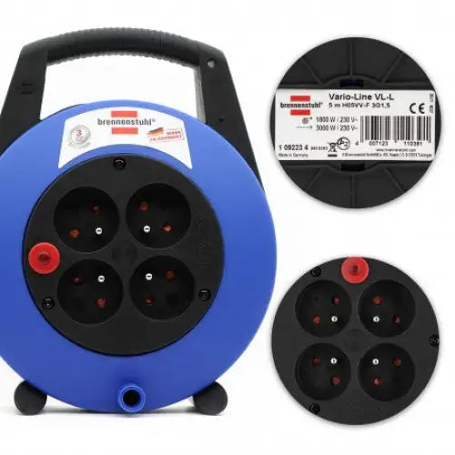 Lukket kabeltrommel Vario-Line Box, nærbilde av fire stikkontakter og etikett med tekniske data.