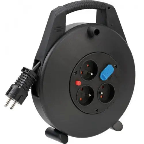 Lukket kabeltrommel Vario-Line Box, svart plast med tre stikkontakter, blå knapp og håndtak, 10 meter.