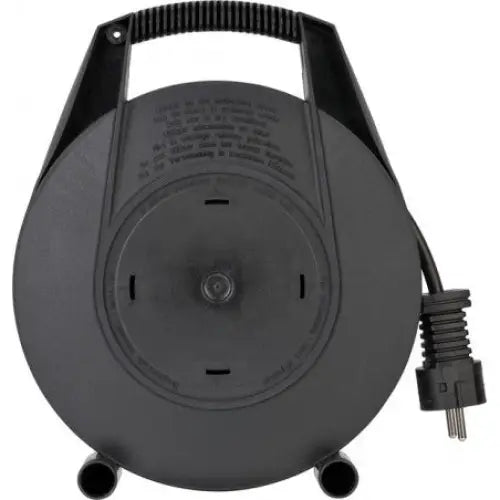 Svart Vario-Line Box kabeltrommel, frontvisning med håndtak og synlig strømledning på høyre side.