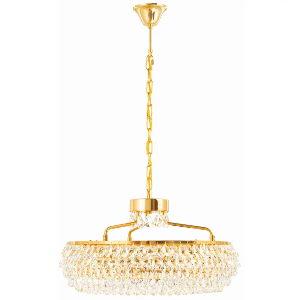 Luksuriøs krystall lampe med gullstamme, frontvisning som fremhever de klare krystallprismene mot hvit bakgrunn.