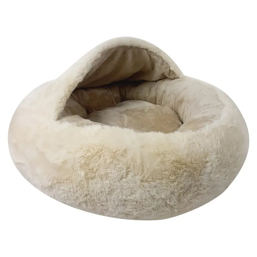 Luksuriøs plysj anti-stress seng for katt og hund med hette, beige og ekstra tykk polstring, sett skrått forfra.