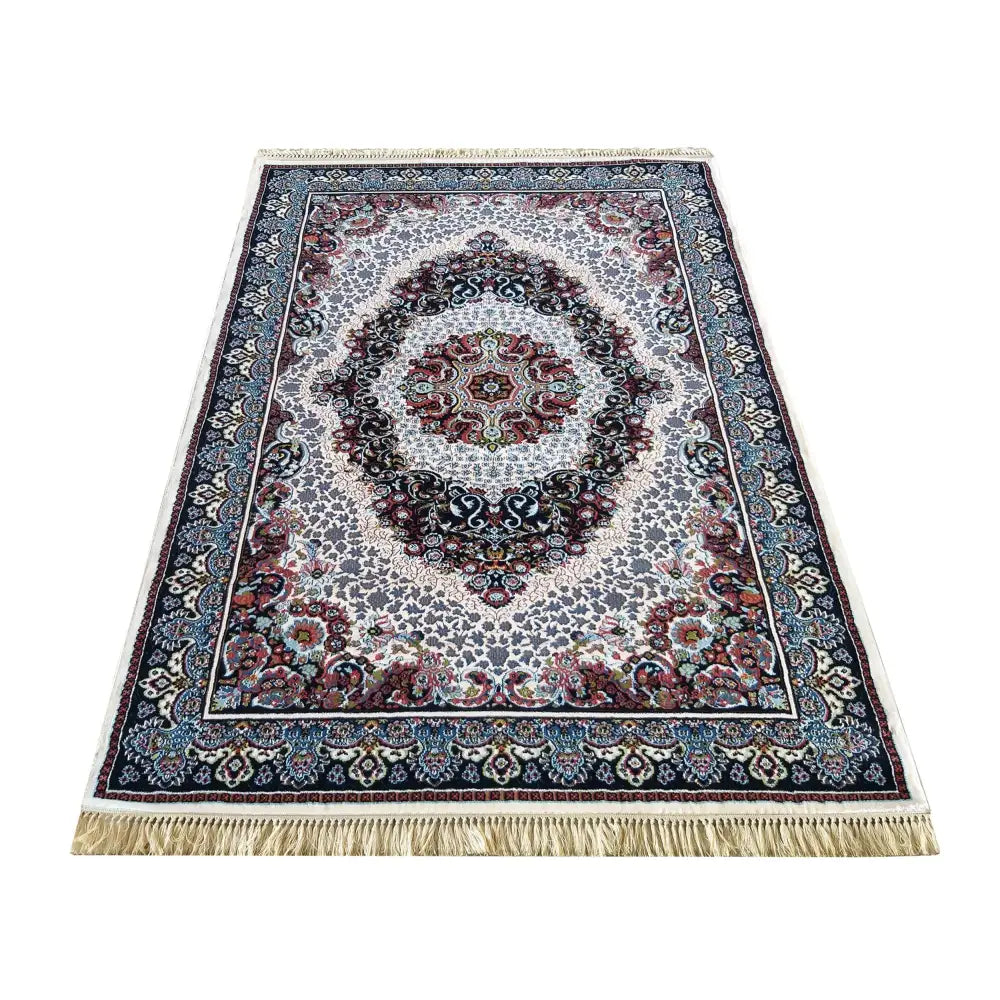 Luksuriøst Ira krem teppe 150x230 cm, orientalsk mønster i blått, rødt og beige med lyse frynser.