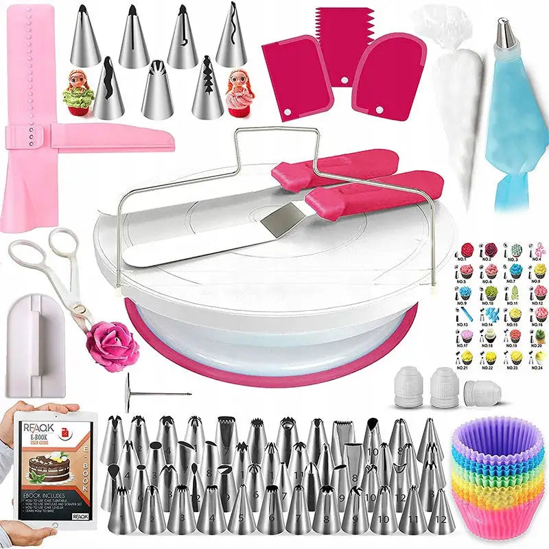 Luksuriøst kakedekorasjonssett med 200 deler, inkludert tipper, kakefat, sprøyteposer og fargerike silikonformer.