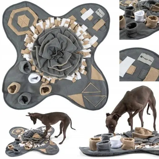 Lukt-sansende aktivitetsmatte for hund, 71x71 cm, i bruk av hund som søker godbiter blant stofflommer og teksturer.