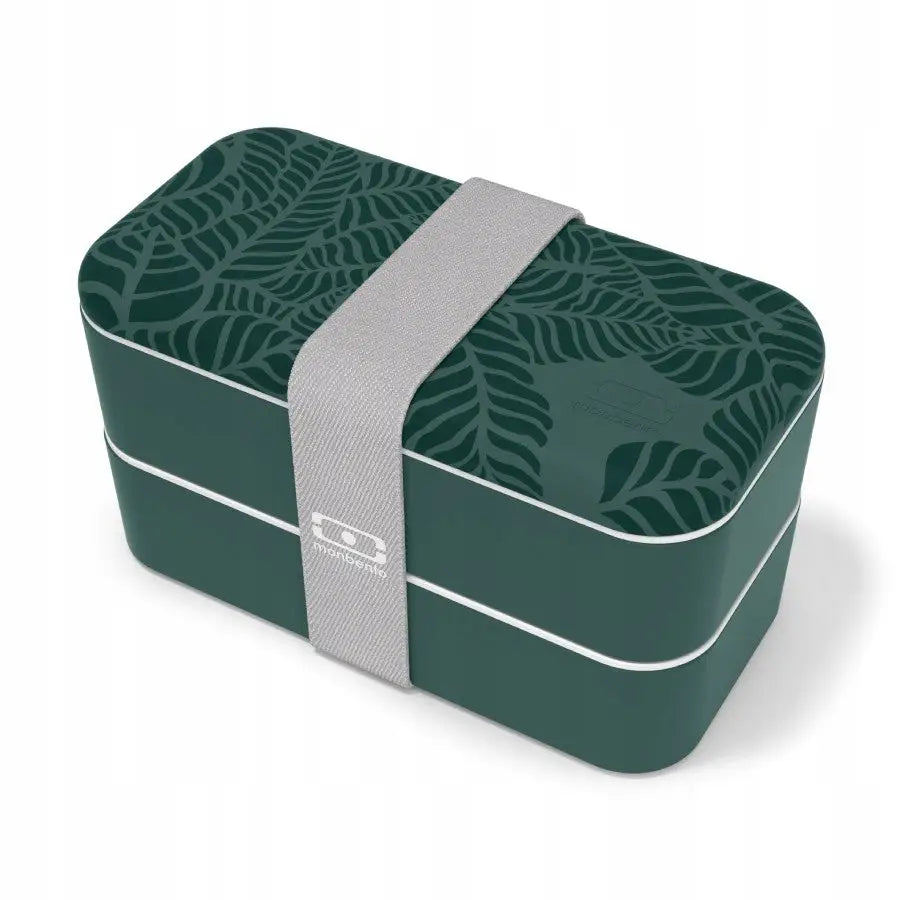 Lunsjboks Jungle Bento Original Monbento, to-lags mørkegrønn design med bladdekor og grå stropp, sett fra siden.
