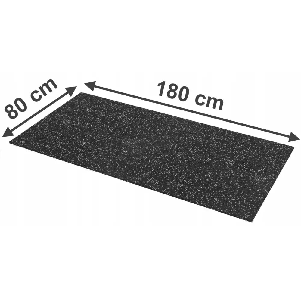 Lyddempende matte for tredemølle 180x80, sort med grå prikker og tydelig markerte mål vist skrått ovenfra.