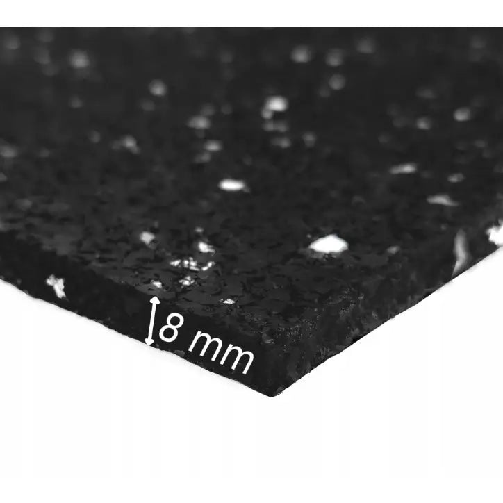Lyddempende matte for tredemølle 180x80, sort med hvite prikker og synlig 8 mm tykk kant fra skrå vinkel.