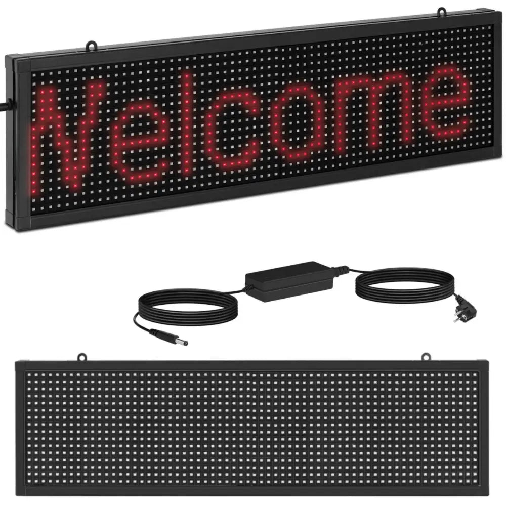 Lysende reklametavle med røde LED-lys, frontvisning med strømforsyning og kabler synlig.