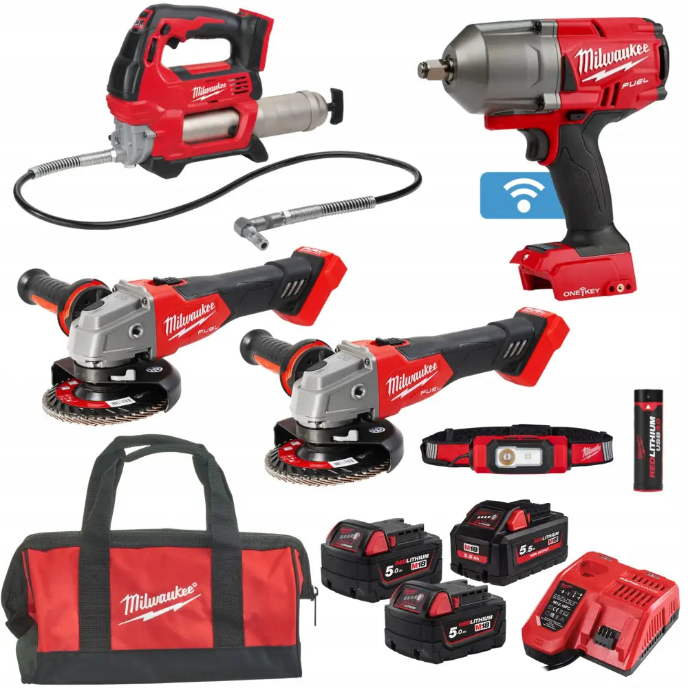 M18 verktøysett fra Milwaukee med to vinkelslipere, kraftpistol, fettpresse, batterier og verktøybag.