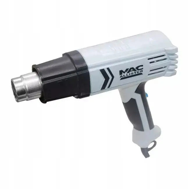 Macallister varmluftspistol i lysegrått og svart, skrå sidevisning med synlig metallmunnstykke og logo.