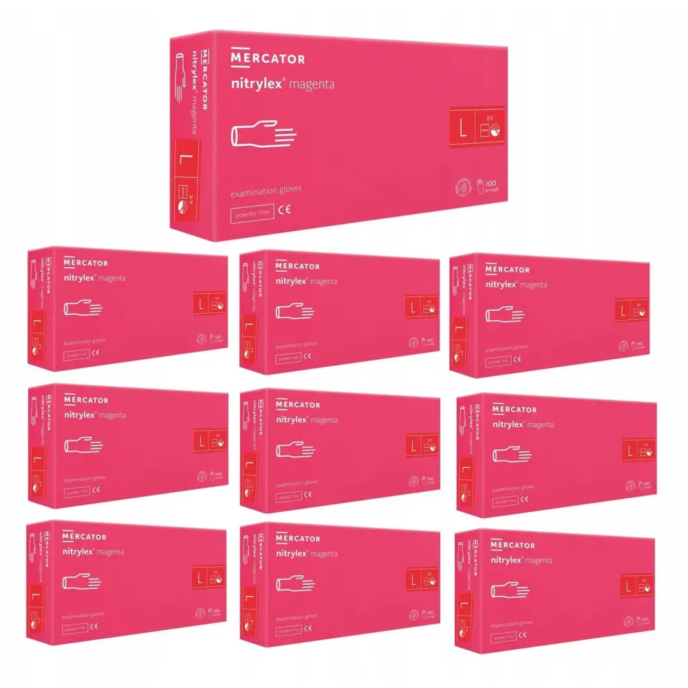 Magenta Nitrylex nitrilhansker størrelse L, ti esker med hanskeillustrasjon og tydelig hvit produkttekst.