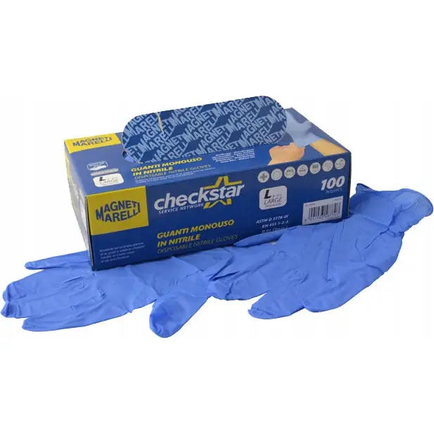 Magneti Marelli nitrilhansker i blått, eske med størrelse L og to hansker liggende foran emballasjen.