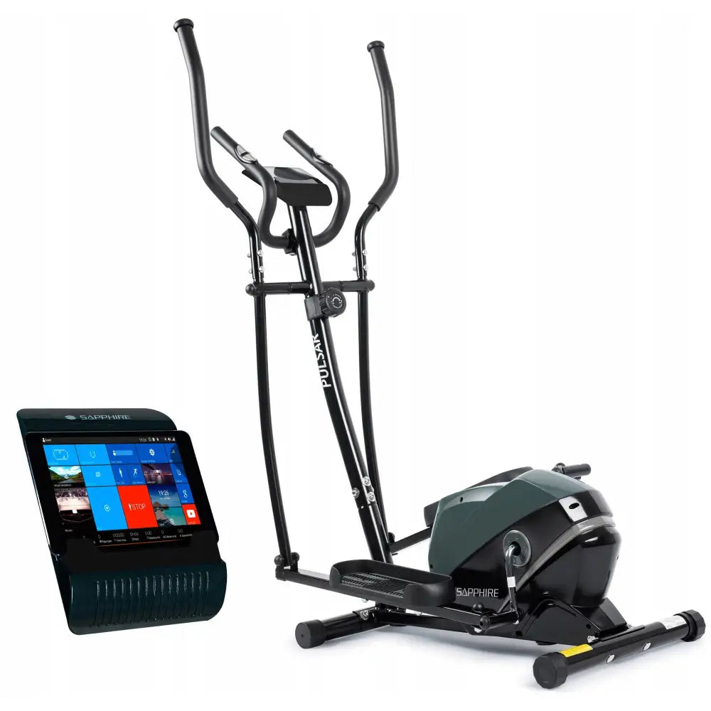 Crosstrainer Sapphire Pulsar, sort og mørkegrønn elliptisk maskin fra siden med separat digitalt kontrollpanel.