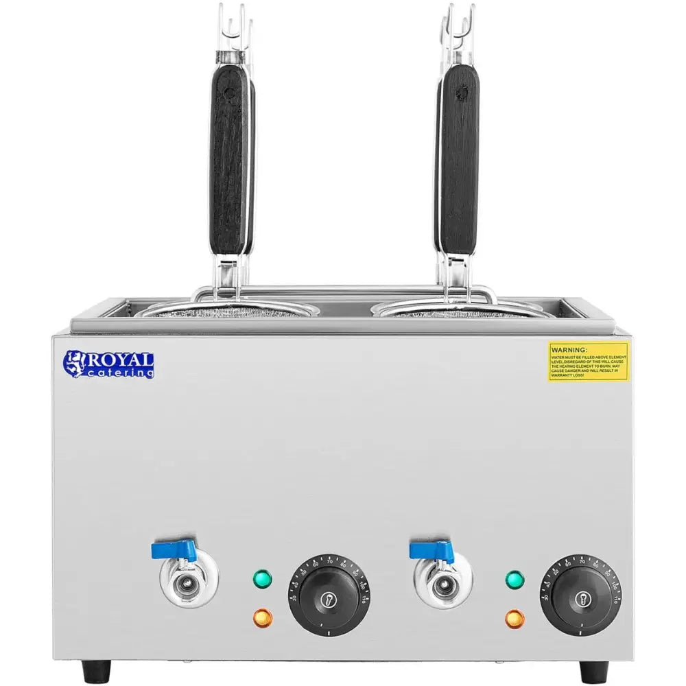 Makaronkoker i rustfritt stål, frontvisning med to separate kurver, sorte håndtak og synlig kontrollpanel.