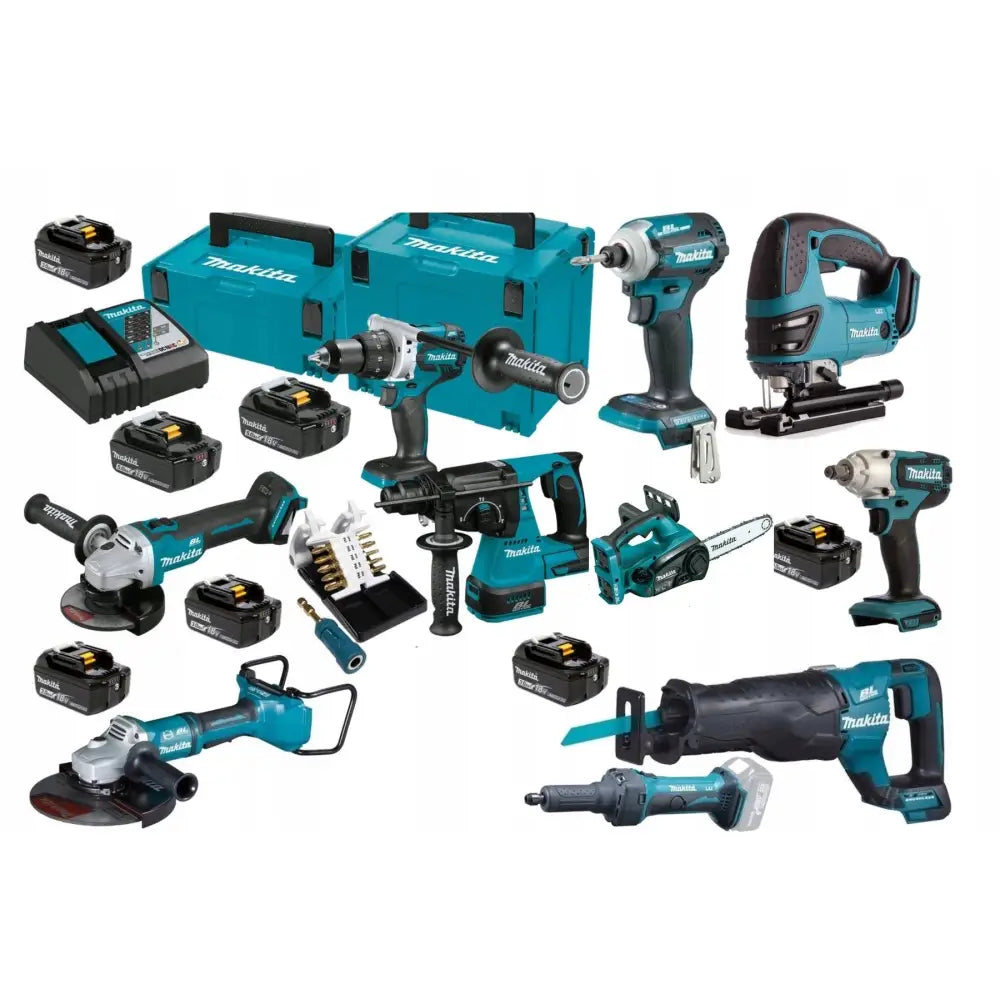 Makita combo sett med blå og svarte elektroverktøy, batterier, lader og to kofferter på hvit bakgrunn.