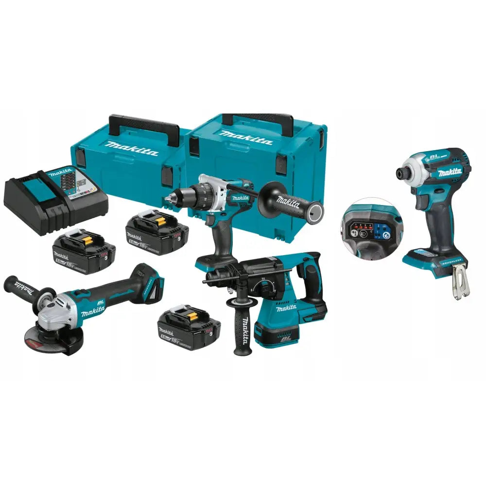 Makita kombosett med fire blå og svarte elverktøy, batterier, lader og to robuste kofferter.