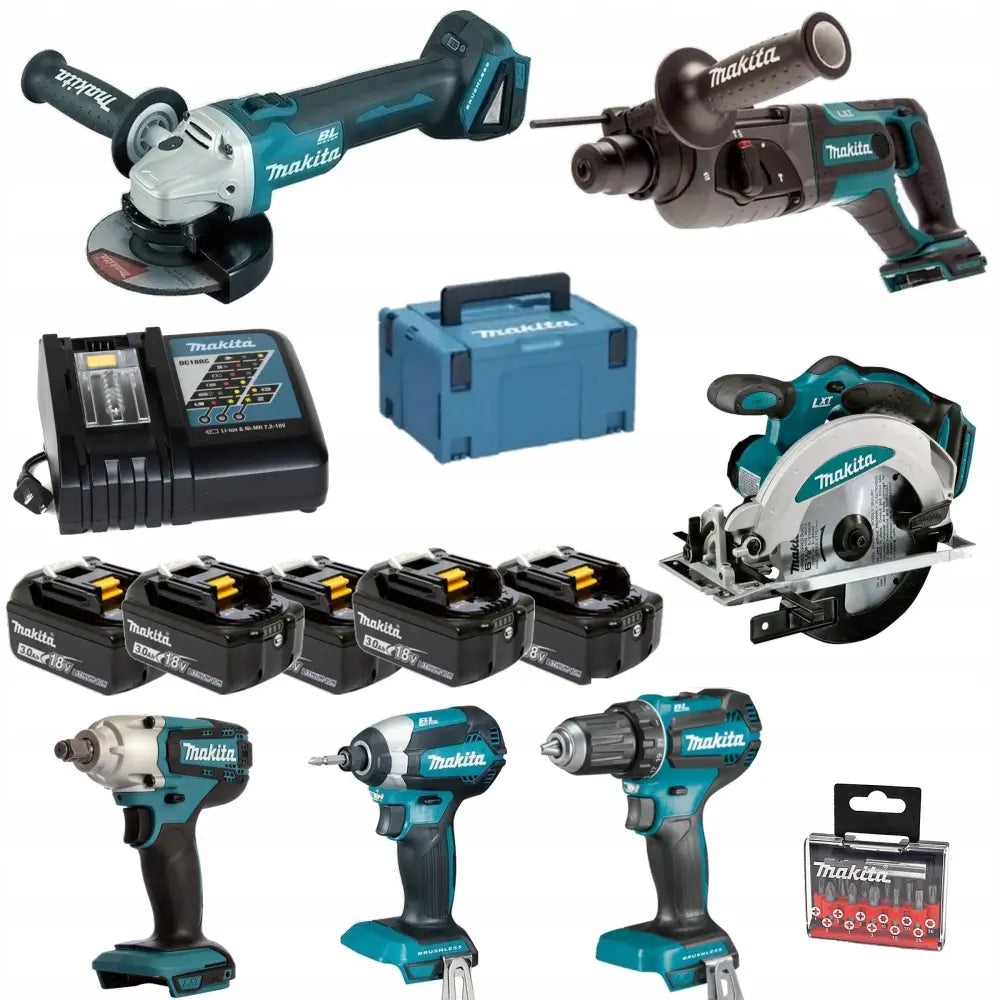 Makita combo sett med seks blå og svarte elektroverktøy, batterier, lader og koffert, alt vist forfra.