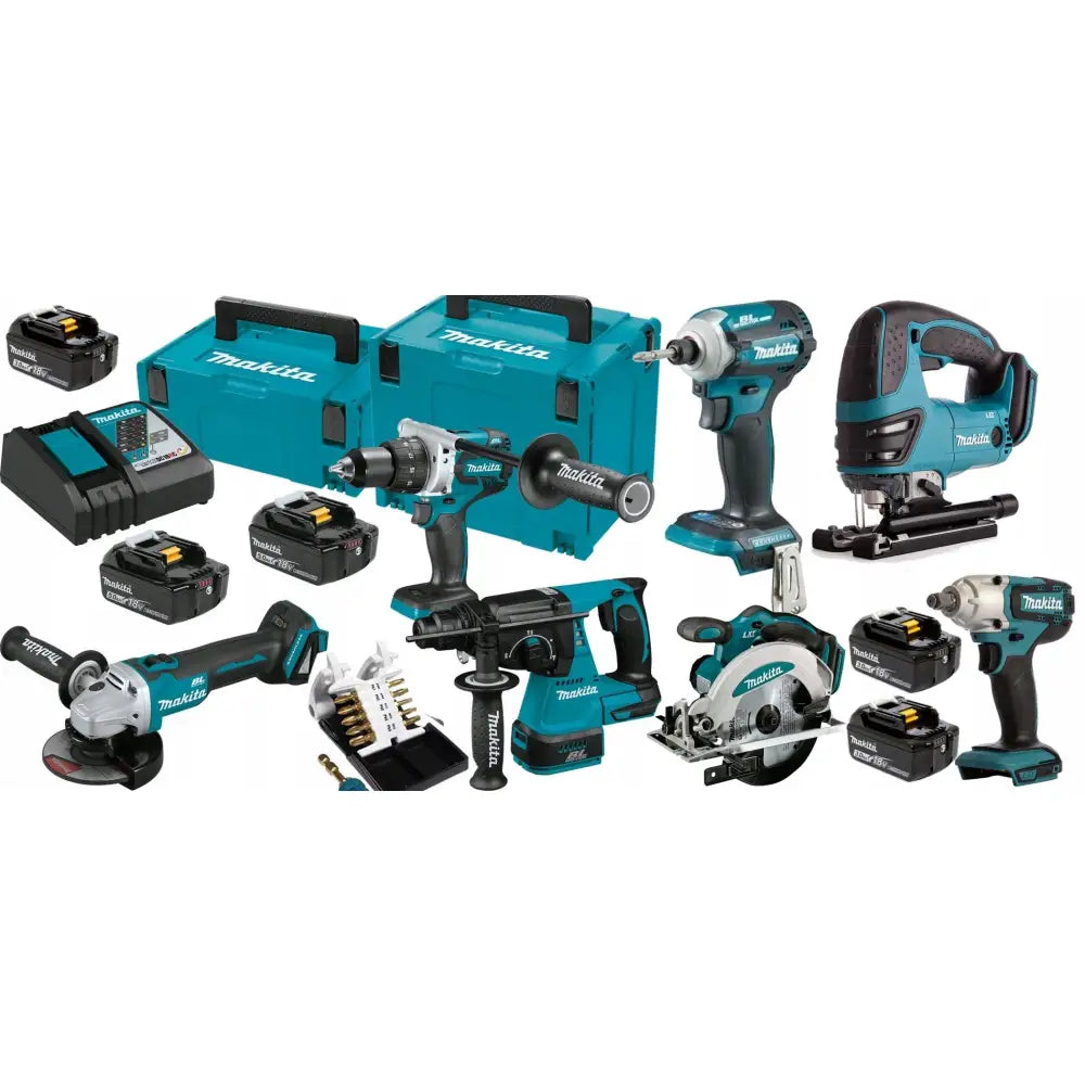 Makita combo sett med syv blå og svarte elektroverktøy, lader, batterier og koffert på hvit bakgrunn.