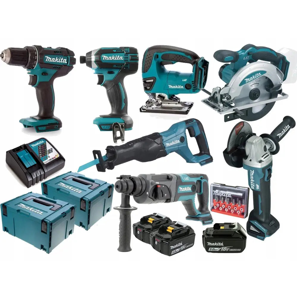 Makita Combo Sett 18V, syv elektroverktøy med batterier, lader og kofferter vist på hvit bakgrunn.