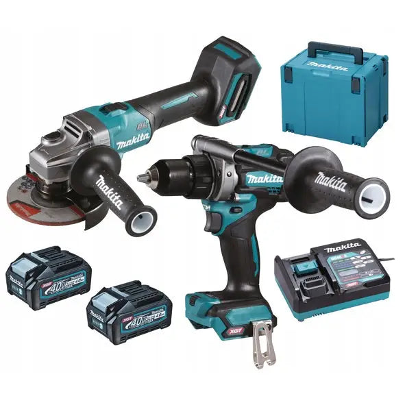 Makita Combo Sett Xgt 40V, vinkelsliper og drill med batterier, lader og koffert sett fra skrå vinkel.