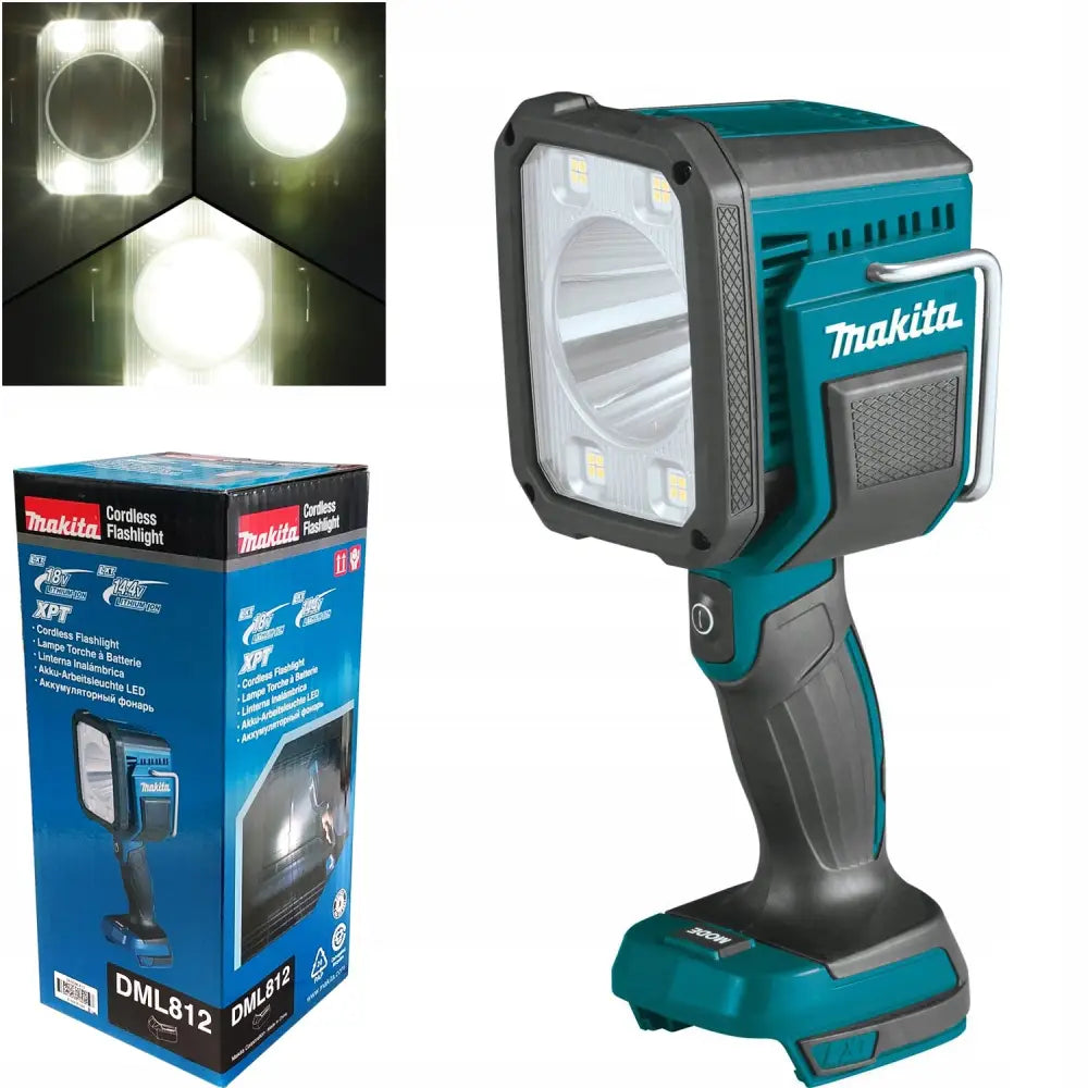 Makita LED arbeidslykt, trekvart vinkel, synlige LED-pærer og lysstråle, med original eske bak.