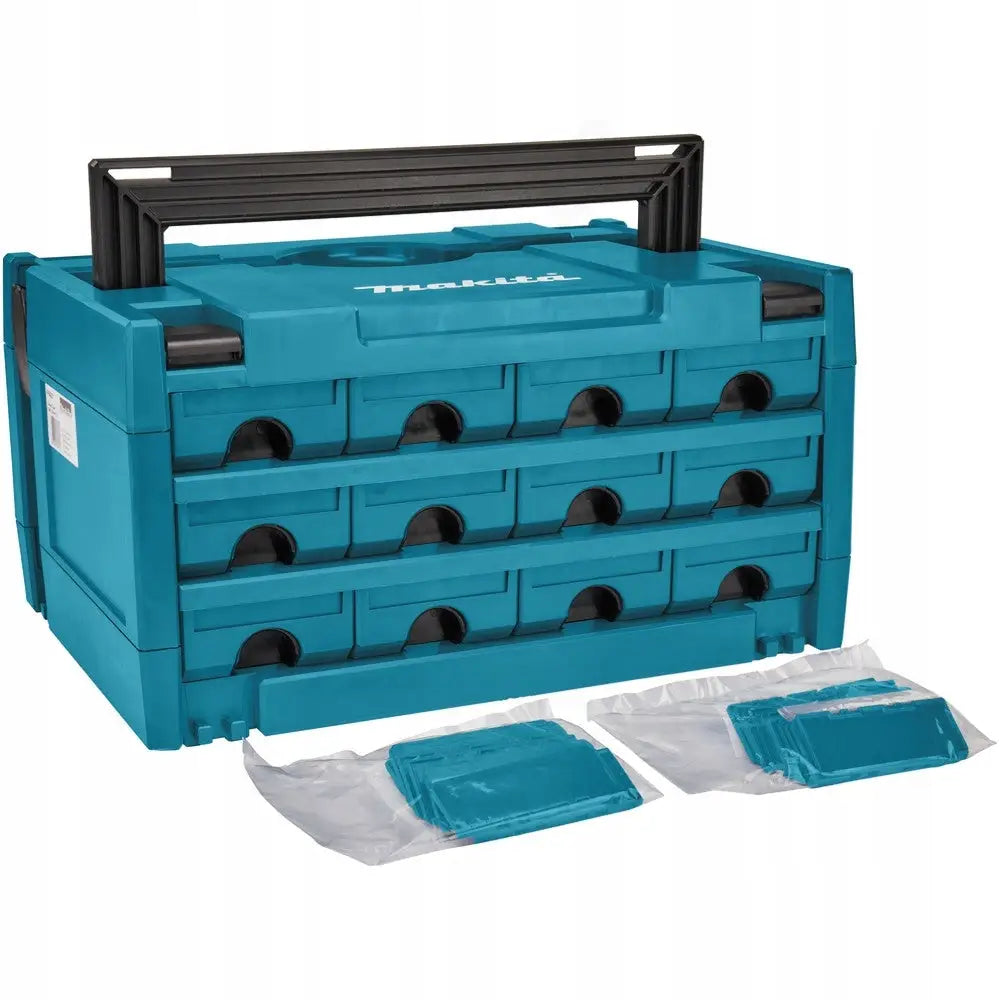 Makita koffert organizer Makpac 3x4, blå boks med skuffer, sort bærehåndtak og ekstra deler foran.