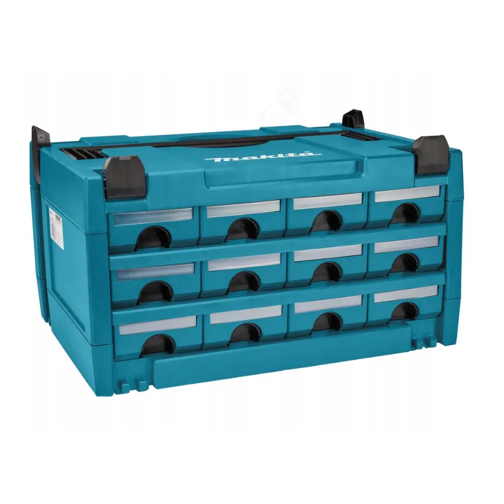 Makita koffert organizer Makpac 3X4, skrå frontvisning med åpne små skuffer og tydelig hvit logo på lokket.