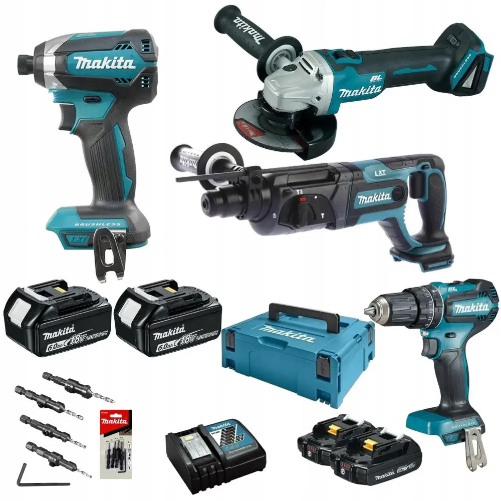 Makita kombinasjonspakke 18V, fire blå og svarte verktøy med tilbehør og koffert, sett fra flere vinkler.
