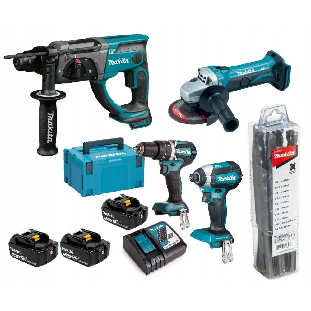 Makita kombinasjonsverktøysett med borhammer, drill, vinkelsliper, slagskrutrekker og tilbehør mot hvit bakgrunn.