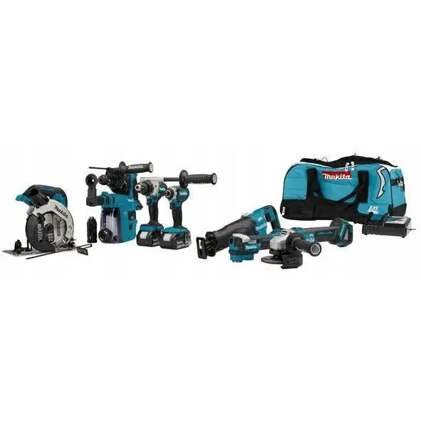 Makita kombisett 18V, komplett sett med blå og svarte elektroverktøy og stor verktøybag avbildet fra siden.