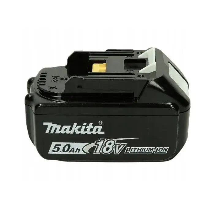 Makita 18V 5.0Ah litium-ion batteri, skråvisning med synlige kontaktpunkter og tydelig logo.