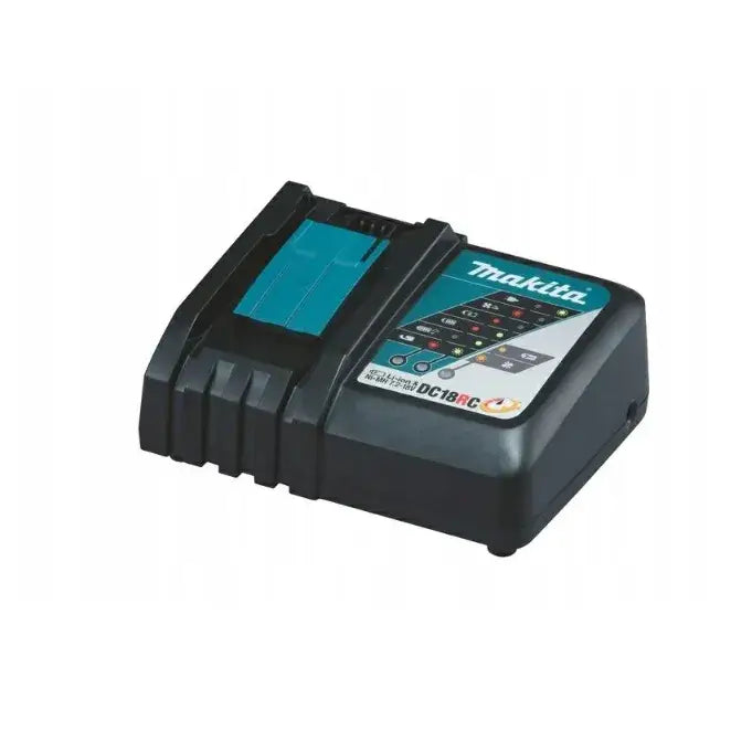 Makita batterilader i svart og blå plast, skrå frontvisning med synlig kontrollpanel og logo på toppen.