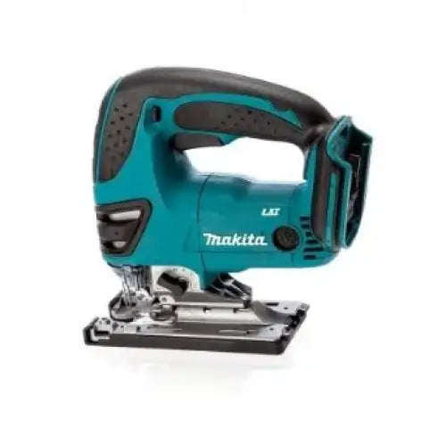 Batteridrevet Makita stikksag i blått og svart, sidevisning med synlig metallfot og gummiert håndtak.