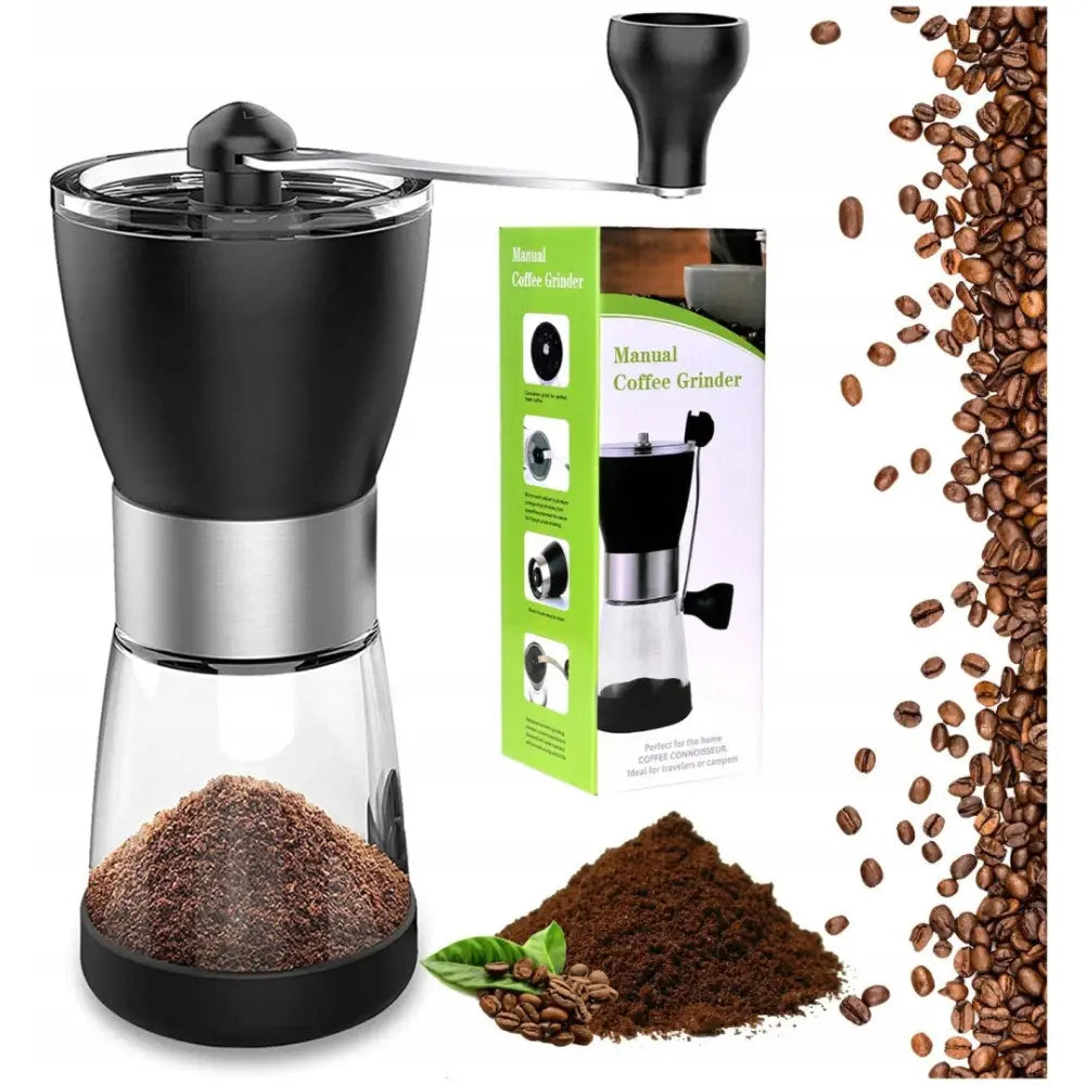 Manuell kaffekvern Mulino i svart og stål, sidevisning med eske, kaffebønner og malt kaffe.