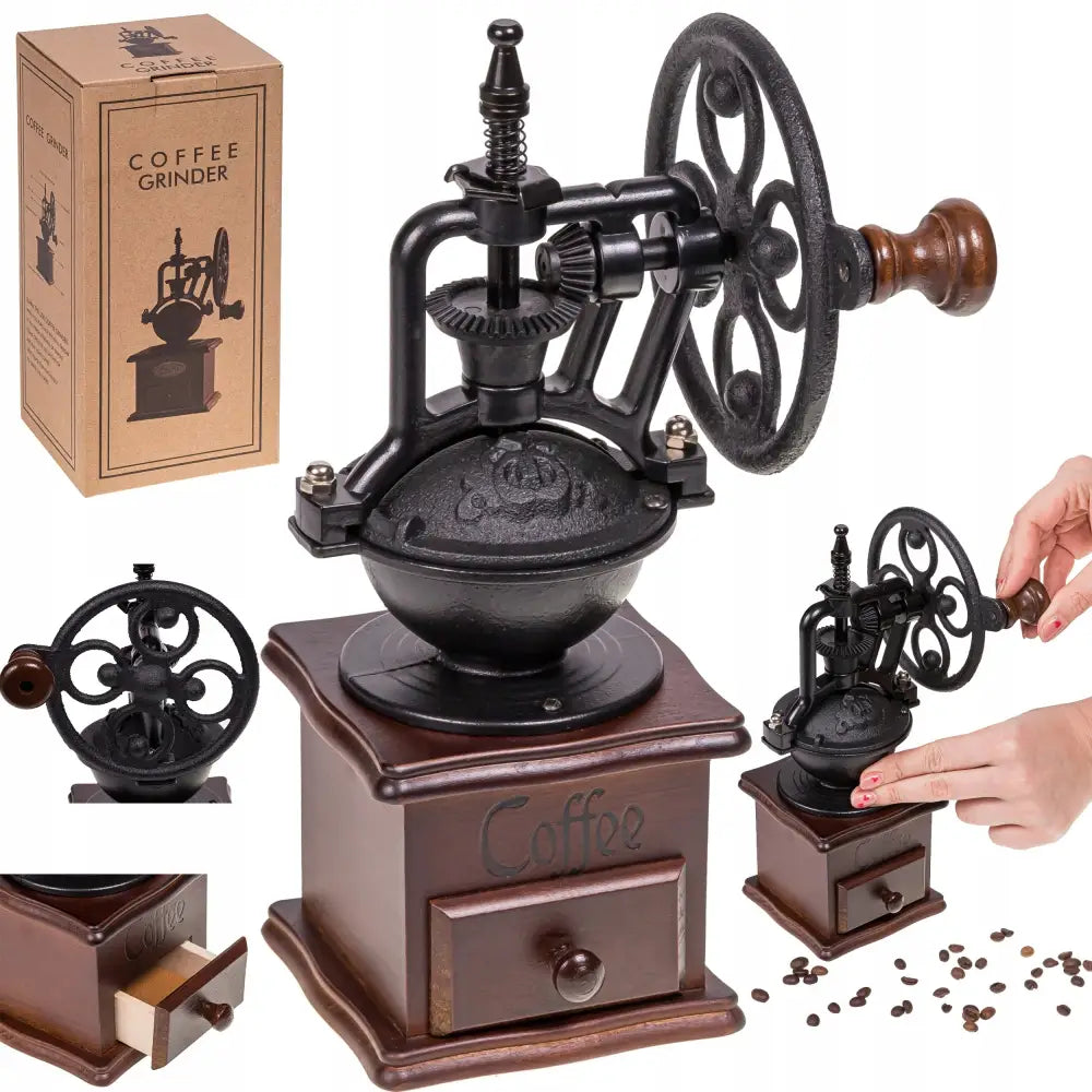 Manuell kaffekvern i mørkt tre og sort metall, med synlig håndveiv, uttrekkskuff og dekorativ Coffee-tekst.