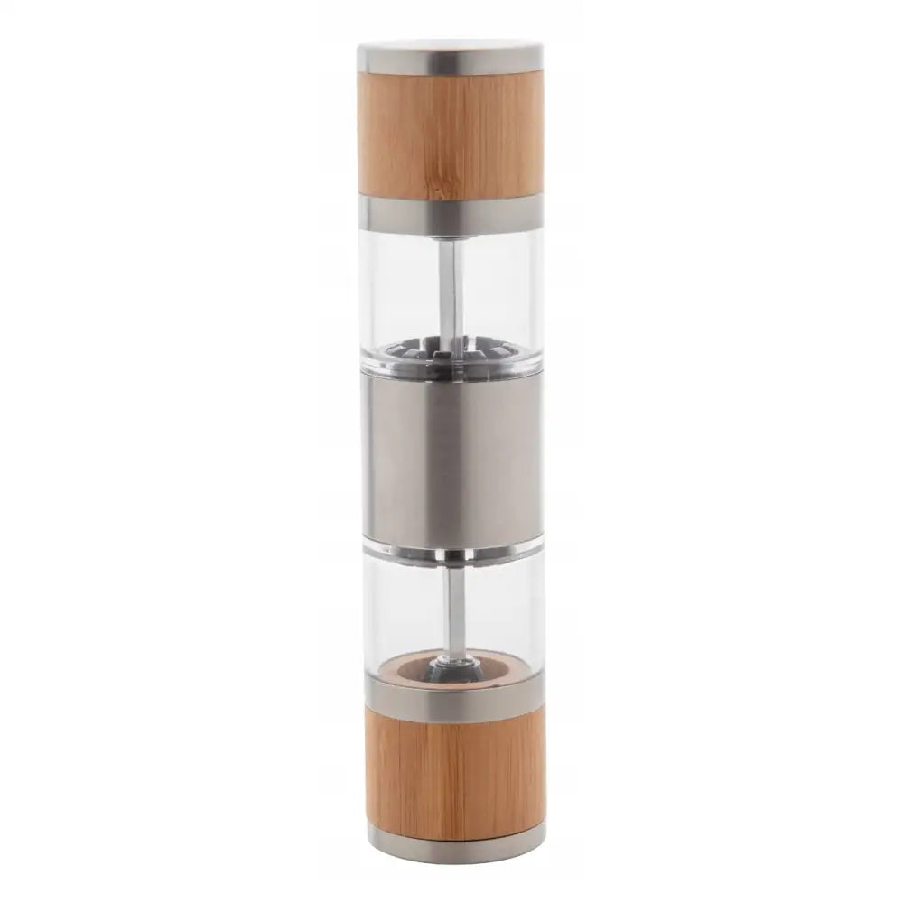 Manuell Muntok Bambus kvern, frontvisning med to separate kamre, ståldetaljer og lyse trepartier.