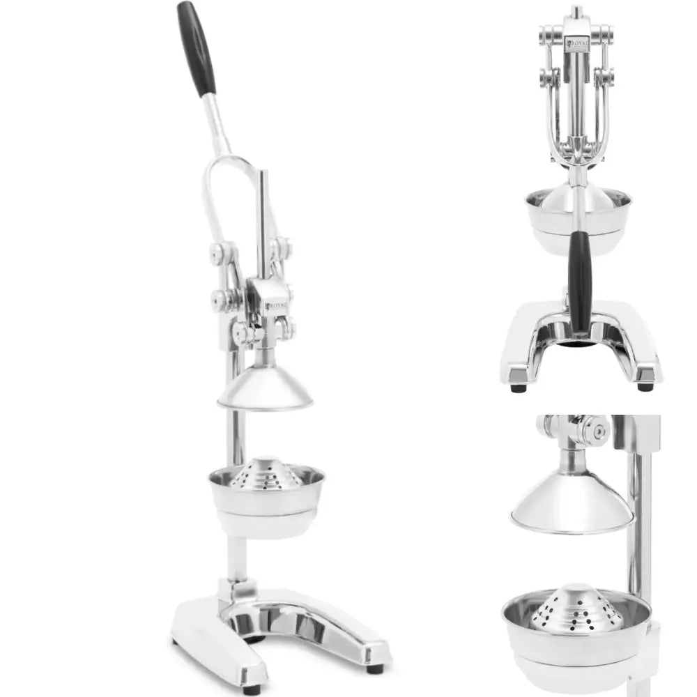 Manuell sitruspresse i rustfritt stål med sort håndtak, side- og frontvisning av robust pressmekanisme.