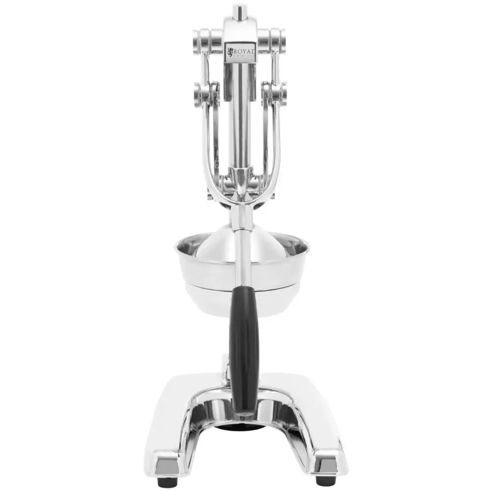 Manuell sitruspresse i rustfritt stål, frontvisning med sort håndtak og solide metallkomponenter.