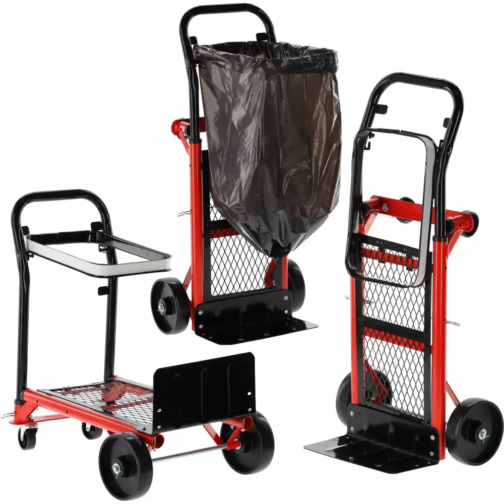 Manuell to-funksjons lagervogn i svart og rødt metall, sammenleggbar med nettingbunn, store plasthjul og sekkholder.