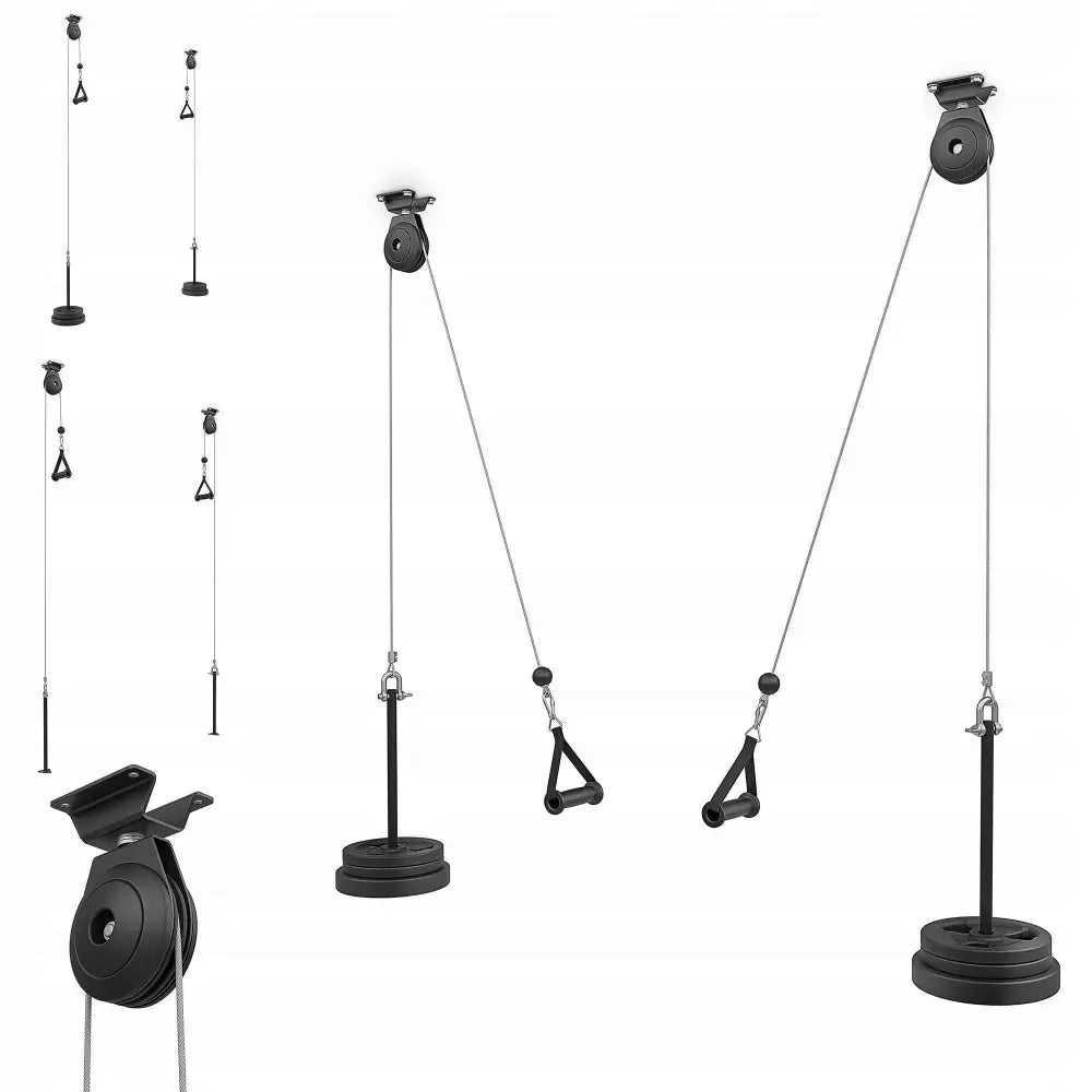 Nedtrekk maskin takmontert med håndtak, sett fra siden og forfra med vektplater og detaljerte trinser.