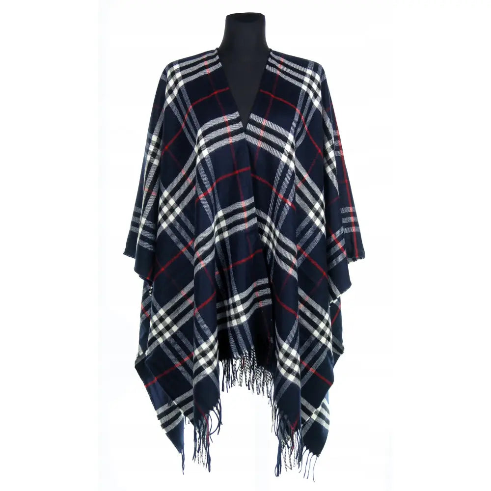 Marineblå Poncho med Skotsk Tartanmønster 40 % Ull 42 til 56