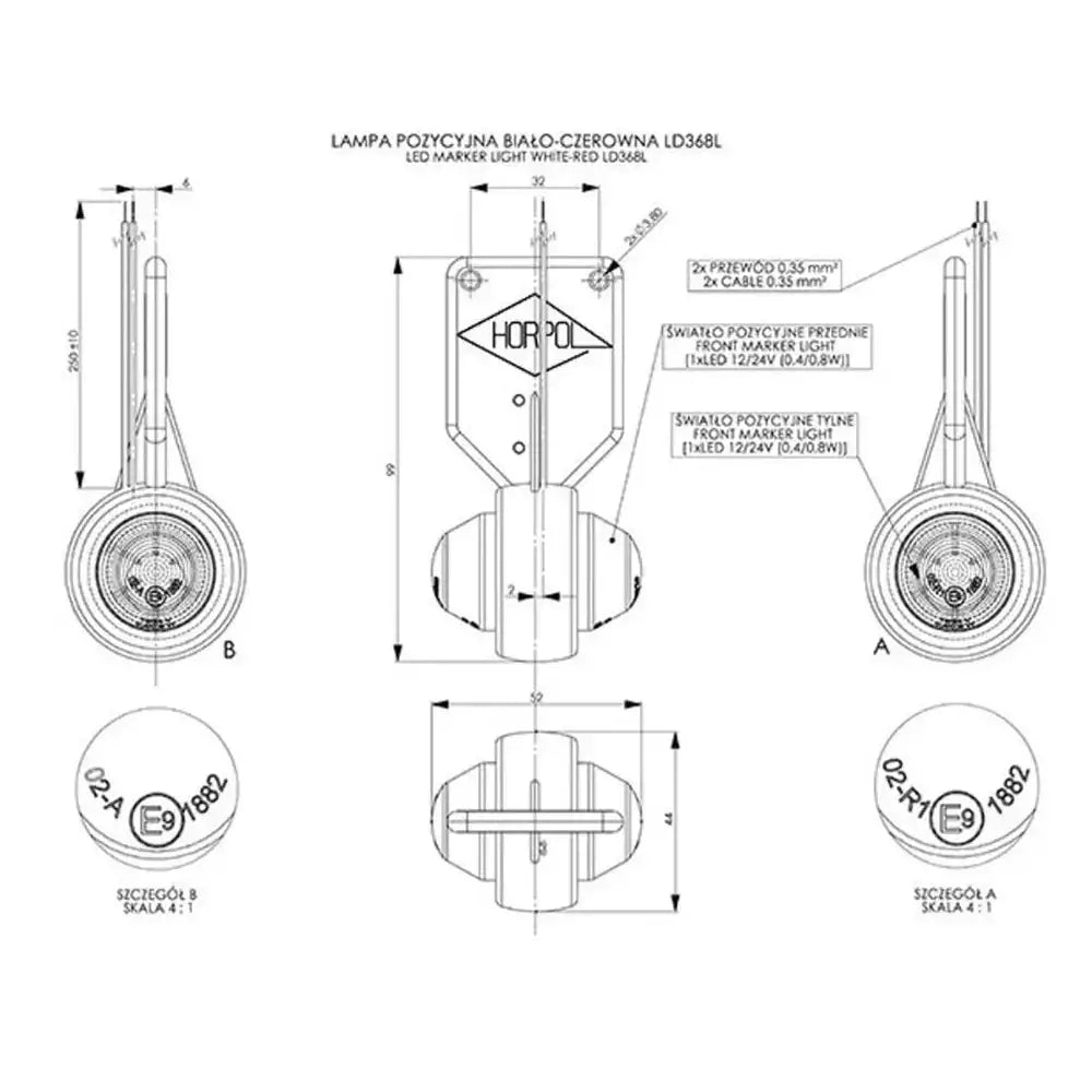 Markeringslampe til henger Horpol LED 368, teknisk tegning med mål og detaljer fra flere vinkler.