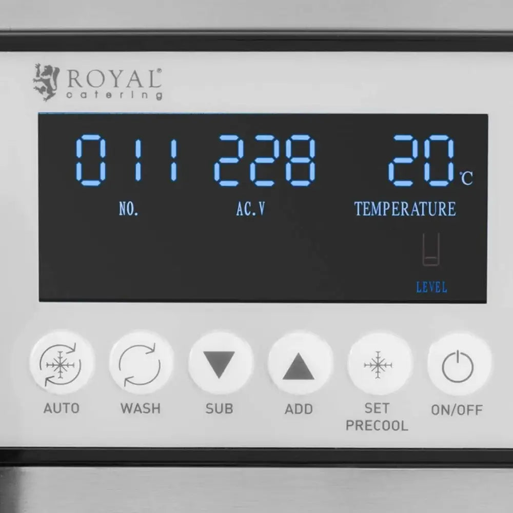 Digitalt kontrollpanel for italiensk ismaskin, blå LED-display og seks funksjonsknapper på stålgrå front.